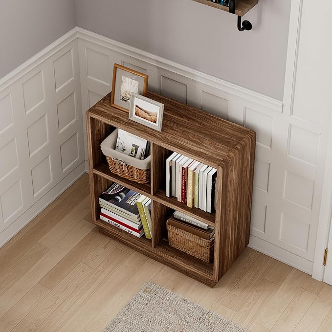 ChooChoo 4 Cube Storage Organizer, Wooden Bookcase with Storage, Cube Storage Bookshelf for Bedroom and Home Office, Brown Wa