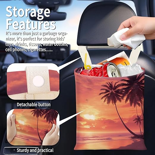 Hanging Car Garbage Bag, Cute Car Trash Can Bag, Automotive Accessories for Women Men Beautiful Tropical Sunset Palm