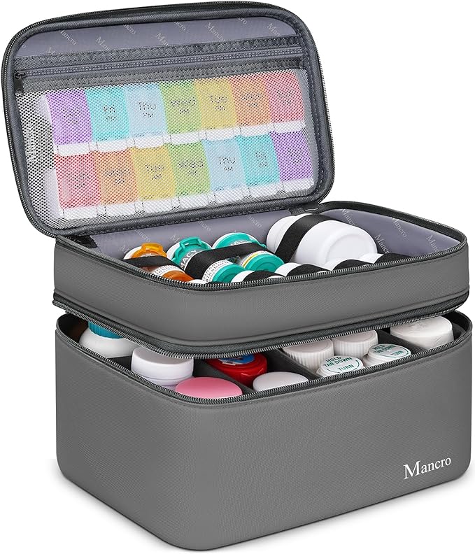Mancro First Aid Bag Empty with Lockable Zipper, Dual Layers Pill Bottle Organizer Storage for Home, Medication Travel Bag fo