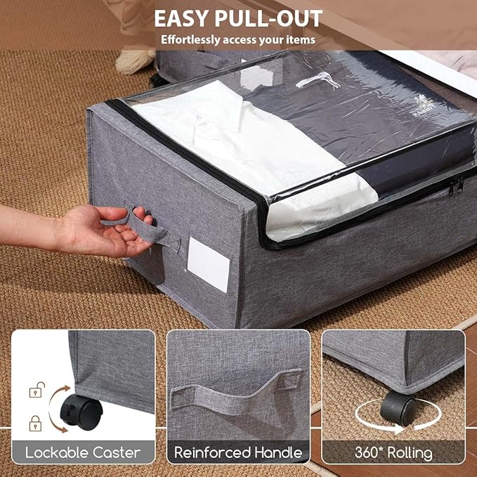 Under Bed Storage with Wheels, Rolling Under bed Storage with Metal Frame, Under Bed Shoe Storage for Space Saving, Zippered 
