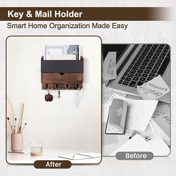 Mail and Key Holder Wall Mount with Storage Drawer – Modern Wooden Mail Organizer for Wall Entryway, 7 Key Hooks & Chalkboard