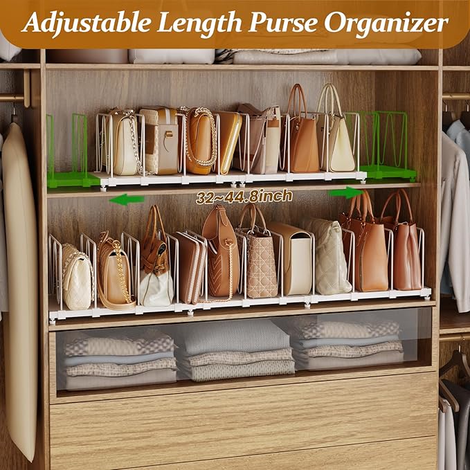 Dmevkic 11-Pack Adjustable Shelf Dividers, Expandable Purse Organizer for Closet (32–44.8"), Purse Storage Handbag Organizer 