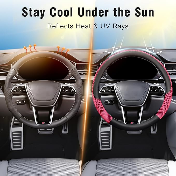 KAFEEK 15 inch Steering Wheel Cover, Cooling Ice Silk Mesh with Microfiber Leather, Heat Resistant, Breathable, Anti-Slip, Su