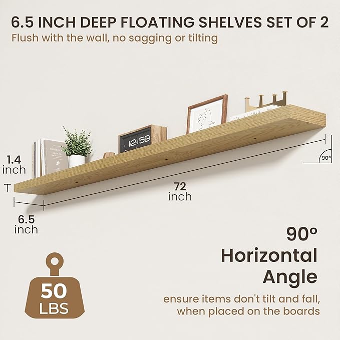 72 Inch Floating Shelves | 6.5 Inch Deep Oak Floating Shelves Set of 2 | 72" W x 6.5" D Rustic Oak Shelves with Invisible Bra