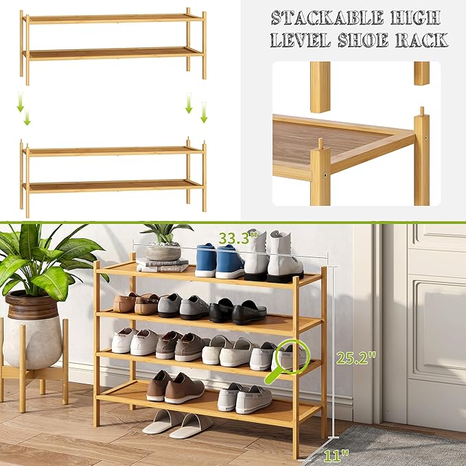 BMOSU 4-Tier Bamboo Extended Shoe Rack Premium Stackable Shoe Shelf Storage Organizer for Hallway Closet Living Room Entryway