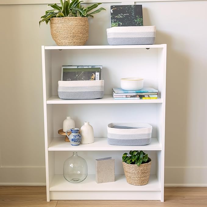 NaturalCozy 11.8"x8"x4.5” Rectangle Storage Baskets for Shelves 3 Pack | Cotton Rope Woven Small Baskets for Organizing | Sma