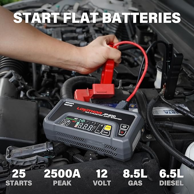 LOKITHOR JP400 Jump Starter with Air Compressor, 2500A 12V Car Battery Jumper Starter Portable (8.5L Gas/6.5L Diesel) with