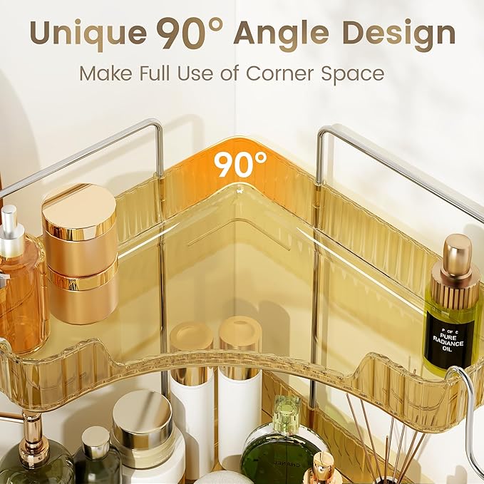 Golden Corner Counter Organizer, 2 - Tier Bathroom & Kitchen Storage Tray with Hooks | PET Vanity Organizer for Skincare, Mak