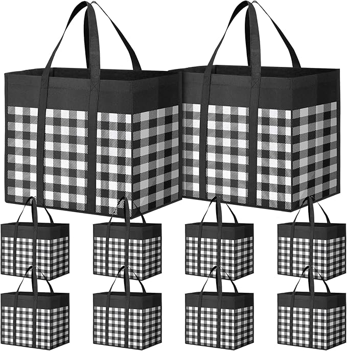 WOWBOX Reusable Grocery Bags,10-Pack, Foldable Reusable Shopping Tote Bags bulk with Reinforced Handles,Large Storage Bags with Water Resistant Coating for Groceries,Multipurpose,Black-White