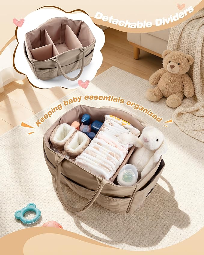 Marscamd Quilted Baby Diaper Caddy with Detachable Dividers and Wipes Pocket, Lightweight Baby Caddy Organizer with Handles a