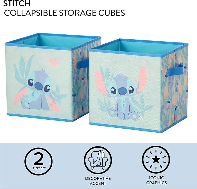 Stitch Storage Cubes Set of 2 Durable Fabric Bins with Handles, 10"x10"x10" Collapsible Cube Organizers