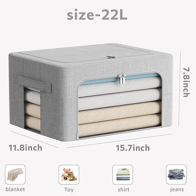 FHSQX 2 Pack Clothes Storage Bins Stackable Metal Frame Storage Box Foldable Linen Fabric Organizer with Carrying Handles and