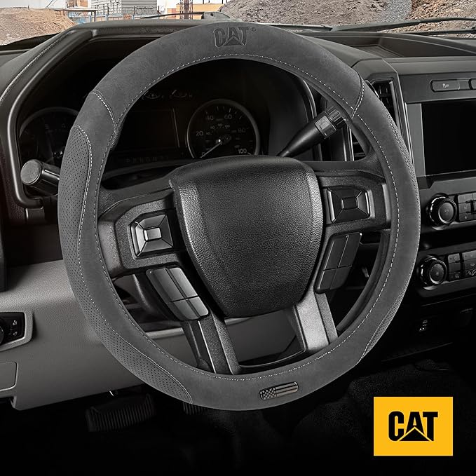Cat® US Flag Leather Steering Wheel Cover w Metal Flag Emblem, Grey Leatherette, Standard 14.5–15.5 Inch, Non Slip Comfort, Car Steering Wheel Cover for Auto Truck SUV, Amiercan Flag Car Accessories