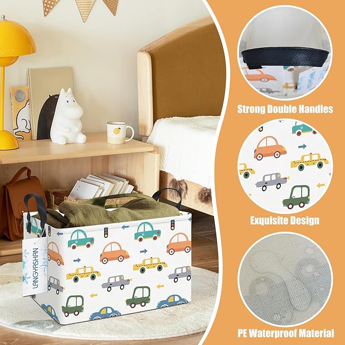 LANGYASHAN Rectangular Storage Bin Collapse Canvas Fabric Cartoon Storage Basket with Handles for Organizing Home Kitchen Boy