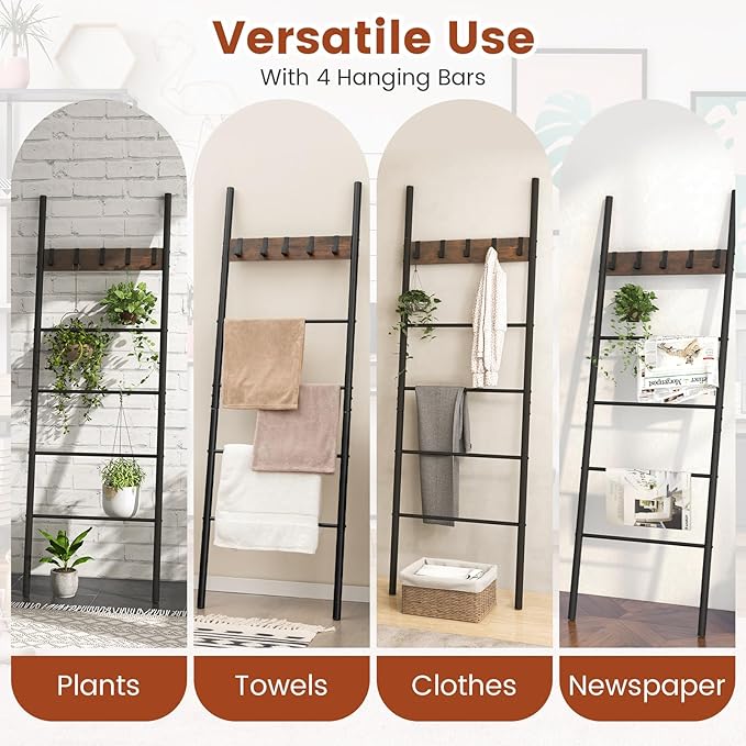 S AFSTAR Wall Leaning Blanket Ladder, 5-Tier Ladder Shelf with 5 Removable Hooks, Industrial Blanket Holder Rack, Drying and 