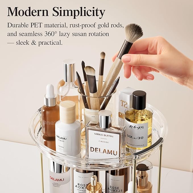 Delamu 3 Tier Rotating Makeup Organizer for Vanity, Skincare Organizer for Bathroom Counter, Spinning Perfume Organizer Cosme