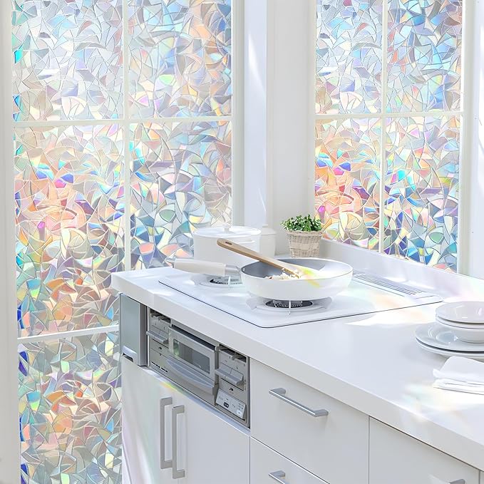 HIDBEA Window Privacy Film Static Clings, Rainbow Window Film, 3D Decals Non-Adhesive Window Vinyl Film for Home Door, 29.5 Inch x 13.1 Feet