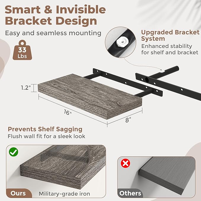 16 Inch Floating Shelves for Wall Set of 2, 8"D Wood Grain Bathroom Shelves with Invisible Brackets, Easy Install Engineered 