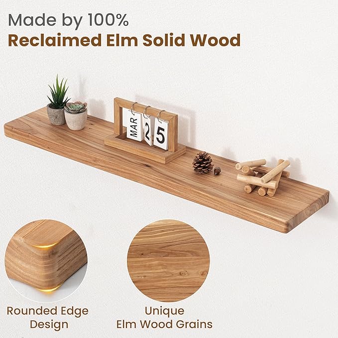Floating Shelves for Wall, 36"Wx8"D Rustic Solid Elm Wood Floating Shelves Wall Mounted, Round Edge Wall Shelves with Invisib