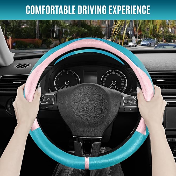 PIC AUTO Steering Wheel Cover, Pink Patterned & Blue Leather Patchwork Design, Universal Fit 14.5"–15.5", Anti-Slip, Odor-Fre