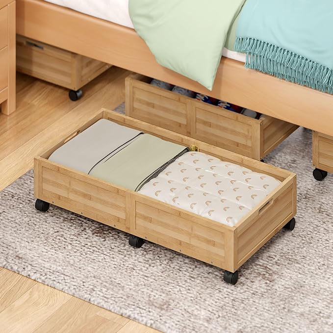 Wood Under Bed Storage Containers Underbed Organizer with Wheels Sturdy Wood Rolling Under Bed Shoe Storage Organizer 2 Packs