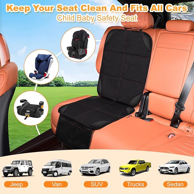 SMART ELF Car Seat Protector, Large Auto Protector for Child Seats with Thickest Padding and Non-Slip Backing Mesh Pockets fo
