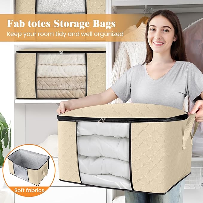 Fab totes 4 Pack Clothes Storage, Foldable Thick Fabric Blanket Storage Bags, Containers for Organizing Bedroom, Closet, Clot