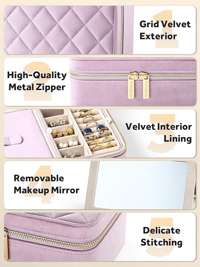 Velvet Travel Jewelry Box with Large Mirror, Double-Layer Jewelry Organizer Case for Women and Girls, Portable Storage Case w