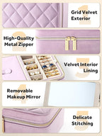 Velvet Travel Jewelry Box with Large Mirror, Double-Layer Jewelry Organizer Case for Women and Girls, Portable Storage Case w