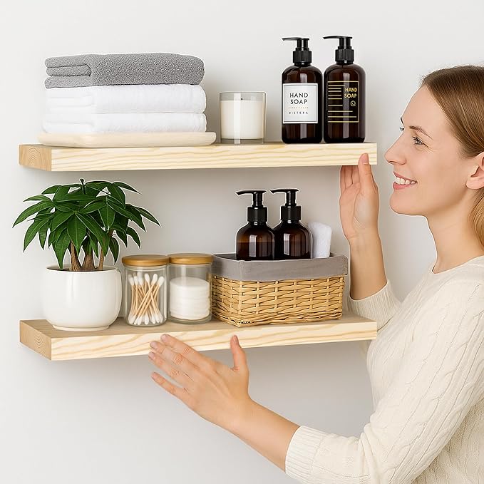 BGMG Wood Floating Shelves 24 inch, Wide Rustic Wooden Wall Shelves for Bathroom Living Room Bedroom Kitchen Farmhouse Set of