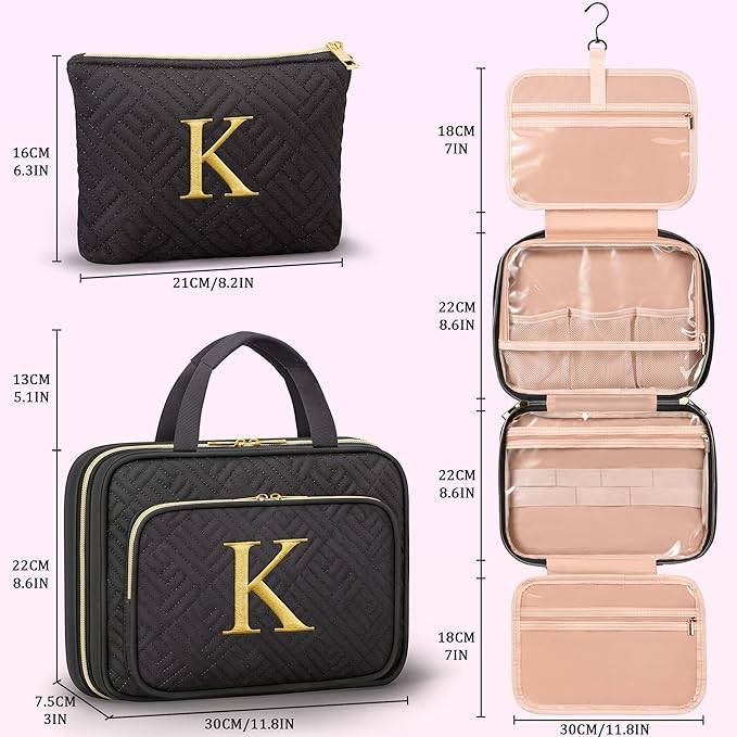 Gifts for Women, Initial Toiletry Makeup Bag Hanging Cosmetic Organizer with Embroidery Letter Personalized Nurse Teacher App