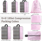 U+U 10 Set Compression Packing Cubes - Ultralight Pink Stripe Travel Organizers with Laundry Bag, Space-Saving Suitcase Organ