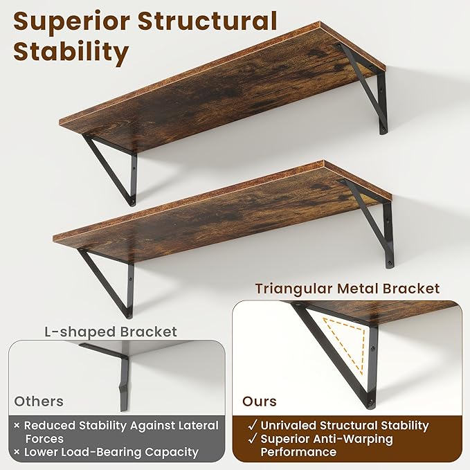 8" Deep Floating Shelves for Wall,16 inch Wood Wall Shelves Set of 2,Wide Floating Bookshelf with Sturdy Metal Brackets,Hangi