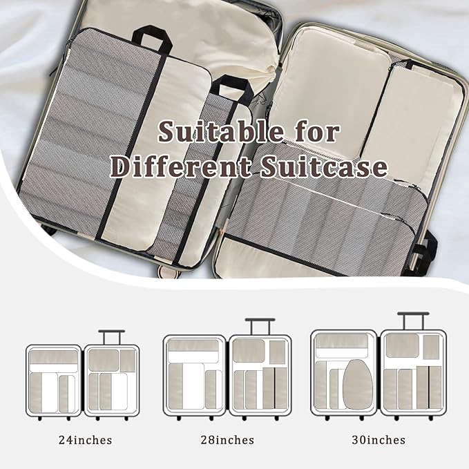 U+U 10 Set Compression Packing Cubes - Ultralight Cream Travel Organizers with Laundry Bag, Space-Saving Suitcase Organizer, 