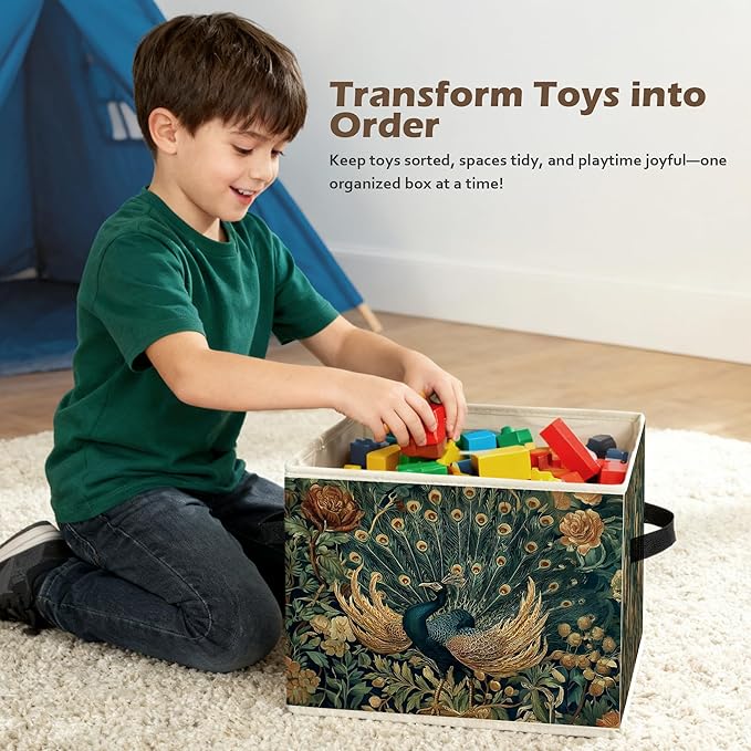 Peacock Floral Storage Box Bins, Vintage Cottagecore Wildflower Peacock Collapsible Storage Basket Organizer for Bedroom Laun