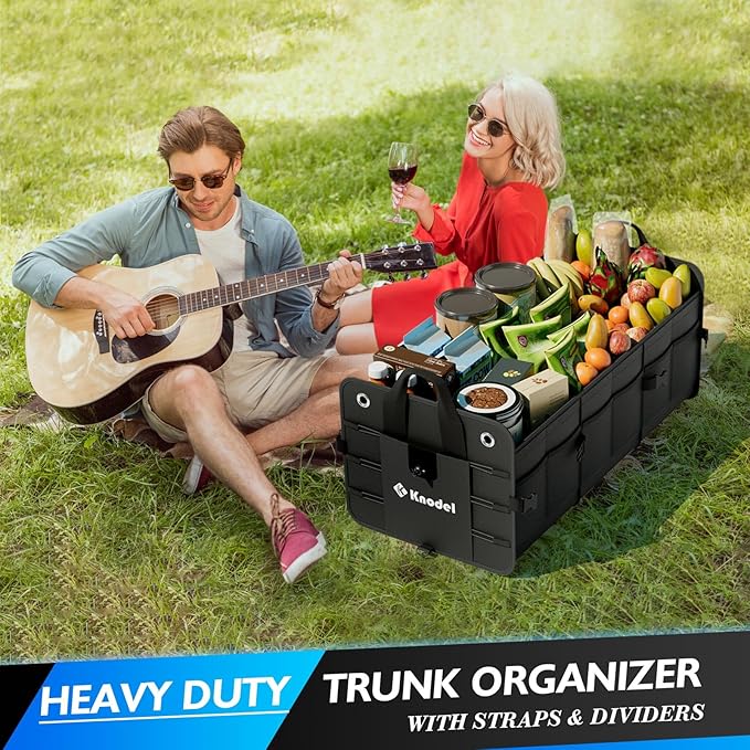 K KNODEL Car Trunk Organizer, Foldable Cover, Heavy Duty Collapsible Truck Storage Organizer, Car Cargo Trunk Organizer with Li