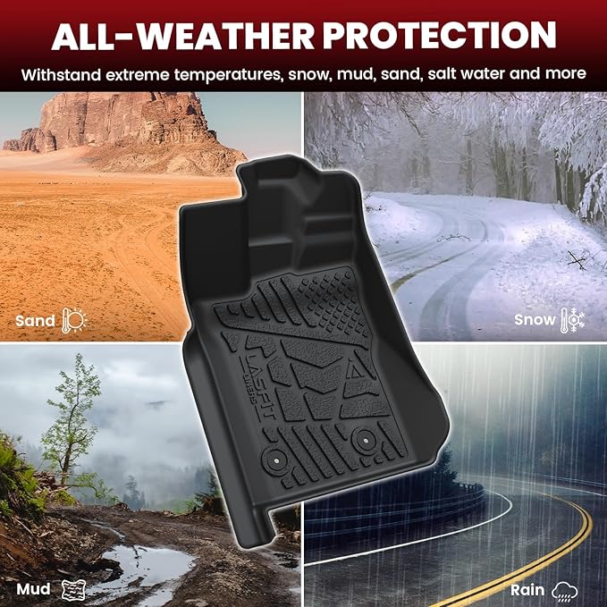 LASFIT Floor Mats for Ford Ranger 2026 2025 2024 SuperCrew Cab All Weather Truck Protector TPE Carpeted Floor Liners, Front and Rear Row, 3pc Black
