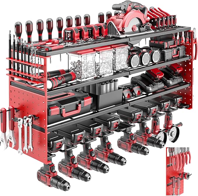 Power Tool Organizer Wall Mount, Cordless Drill Hanger Storage Rack 8 Drill Holder, 4 Layer Heavy Metal Large Capacity Tool R