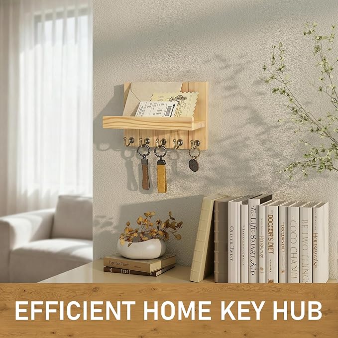 Rebee Vision Pine Wood Key Holder Wall Mount with 5 Hooks and Shelf – Farmhouse Key Holder for Wall for Entryway Organization