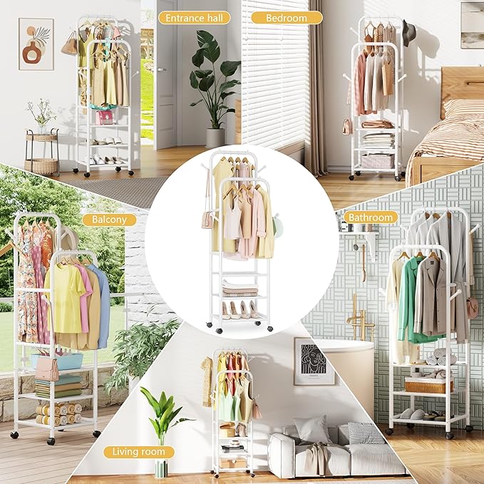 Furologee Portable Clothes Rack for Hanging Clothes, Rolling Clothing Rack With 3-Tier Shelves, Small Garment Rack with Wheel