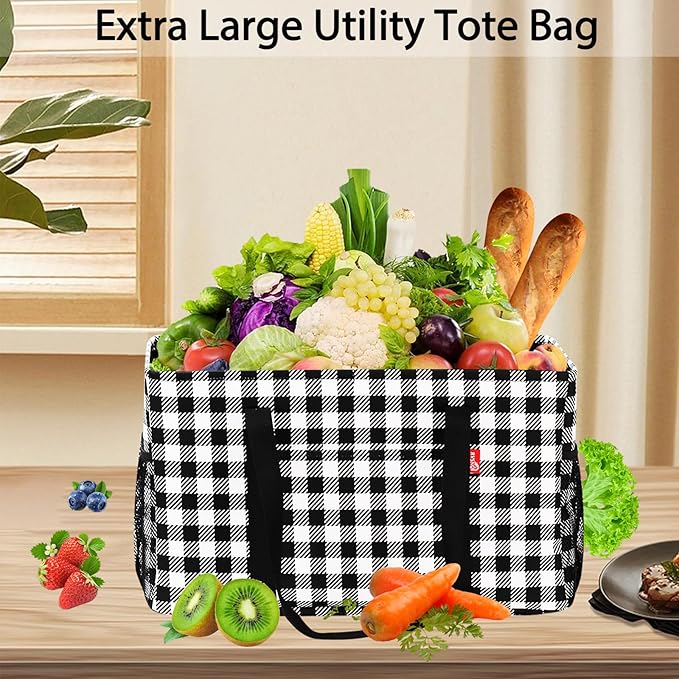 Extra Large Utility Tote Bag, Foldable Reusable Grocery Bags with Metal Wire Frame & Reinforced Bottom Board, Stand up Large Utility Tote for Groceries, Beach Bag, Laundry, Car (Cube Plaid)