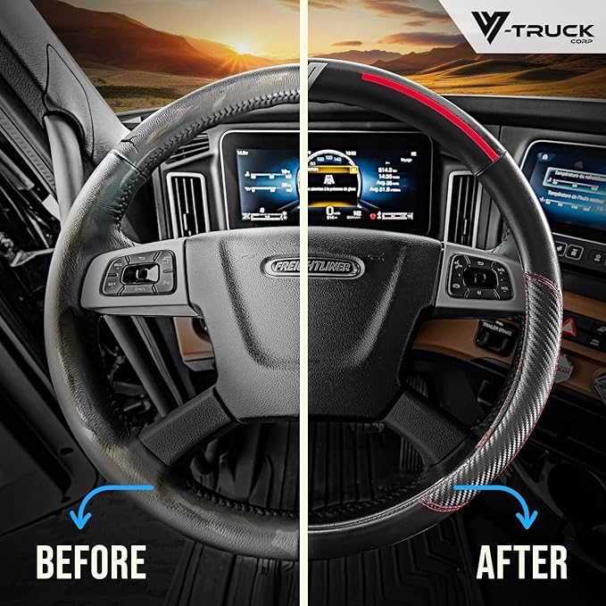 18-Inch Genuine Leather Steering Wheel Cover for Semi Trucks – Black with Red Stripes, Universal Fit Heavy-Duty Non-Slip Grip, Comfortable Control, Easy Installation