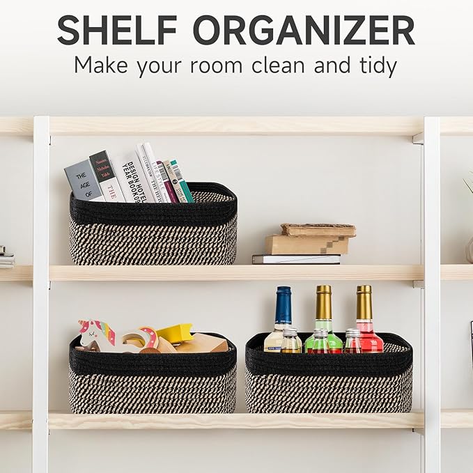 3-Pack Shelf Baskets for Organizing, Closet Organizer Bins, Small Woven Baskets, Rope Toy Basket, Storage Basket for Shelves,