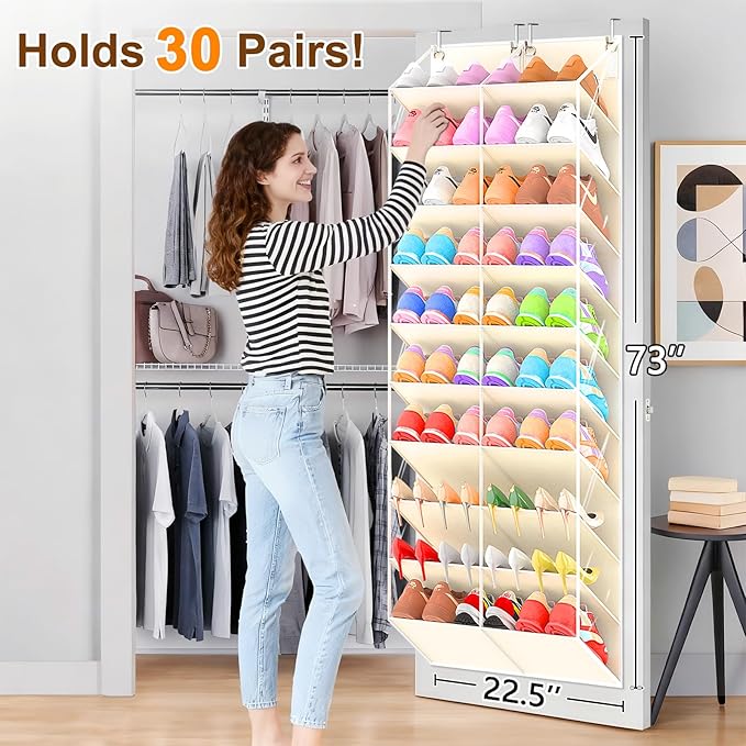UVIAHOMI 20-30 Pairs Over the Door Shoe Organizer, Clear Pockets Hanging Shoe Storage for Closet, 10-Tier Door Shoes Rack, Ha