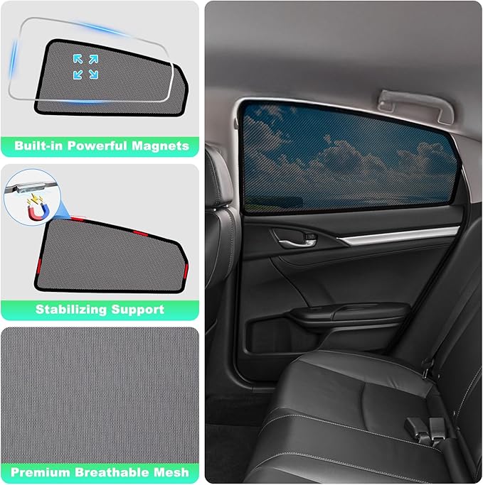 Car Window Shades for 2016-2021 Civic - Rear Side Window Sun Shade for Baby, Breathable Mesh Car Privacy Window Covers, UV Protection & Heat Insulation for Road Trips, Napping, Camping (2 PCS)