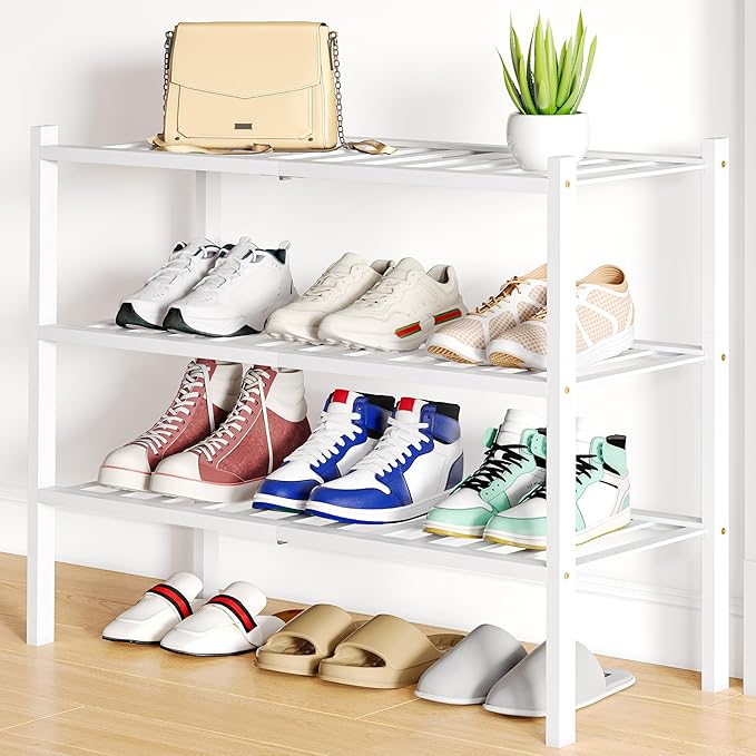 Smiry Shoe Rack, 3 Tier Small Bamboo Shoe Organizer, Stackable Free Standing Wooden Shoe Storage Shelf for Closet, Entryway, 
