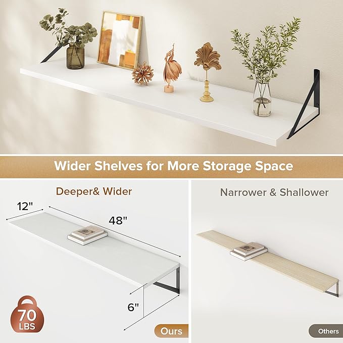 Deep Floating Shelves Wall Mounted, 48"x12" White Wall Shelves with Brackets Set of 2 for Bedroom, Living Room, Bathroom, Kit