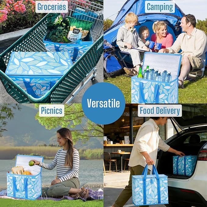 VENO 2 Pack Cooler Bag, Insulated Grocery Bags for Food Delivery, Collapsible Cooler, Reusable Shopping Bags for Groceries, Hard Bottom, Zippered, Foldable (Spring Breeze, 2 Pack)