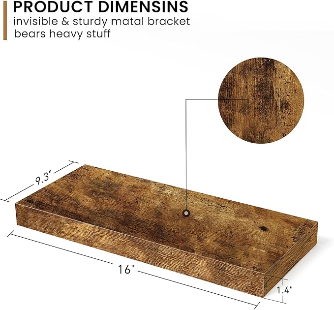 Deep Floating Shelves - 16" W x 9.3" D x 1.6" H Rustic Brown Wall Shelf - Wall Mounted Shelves for Decor & Storage - Wooden S