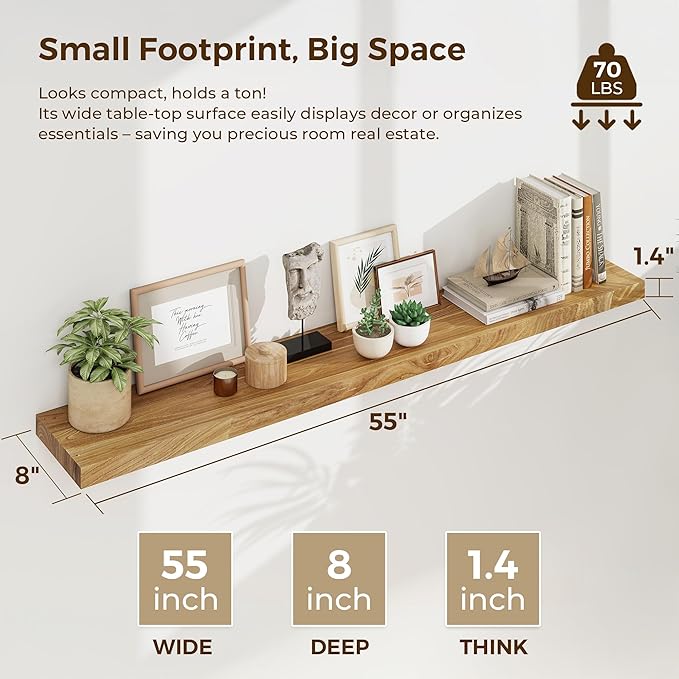55 Inch Floating Shelves for Wall, Solid Elm Wood Wall Shelf for Home Decor, 8 Inch Deep Floating Shelf for Storage, 55 x 8 W